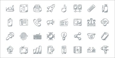 Teknoloji çizgisi simgeleri. Doğrusal küme. Caliper, film şeridi, uygulama geliştirme, ev ağı, cccTV kamera, klavye, gaz maskesi, radyo gibi kalite vektör dizileri