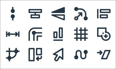 Grafik tasarım çizgisi simgeleri. Doğrusal küme. Makas, imleç, düğüm, düğüm, döndürme, genişlik, ızgara, düğümler gibi kalite vektör çizgisi kümesi