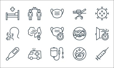 Virüs çizgisi simgelerini durdur. Doğrusal küme. Şırınga, damlatıcı, sıcaklık, maske, acil durum, burun, el sıkışma, yatak, mesafe gibi kalite vektör çizgisi