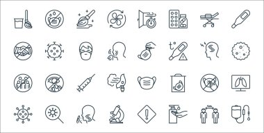 Virüs çizgisi simgelerini durdur. Doğrusal küme. Düşürücü, sabun, mikroskop, virüs, tıbbi maske, şırınga, mikrop, tıbbi maske, koronavirüs gibi kalite vektör dizileri