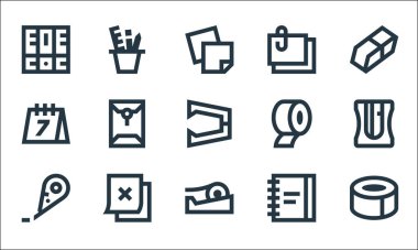 Ofis kırtasiyesi simgeleri. Doğrusal küme. koli bandı, koli bandı, koli bandı, düzeltici, defter, yapışkan notlar, takvim, koli bandı, yapışkan notlar, kalem kutusu gibi kalite vektör dizisi