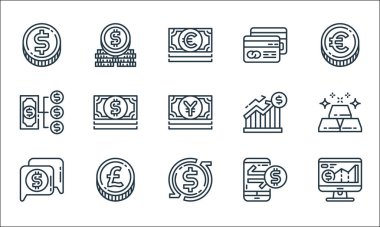 Para ve para birimi çizgisi simgeleri. Doğrusal küme. kalite vektör çizgisi: monitör, ciro, para konuşması, mobil bankacılık, pound para, yönetim, büyüme, cit kartı, bozuk para yığını
