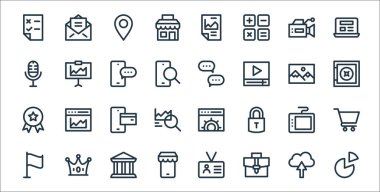 Dijital pazarlama çizgisi simgeleri. Doğrusal küme. Pasta çizelgesi, evrak çantası, cep telefonu mağazası, bayrak, grafik tablet, mobil ödeme, kasa, konuşma, sunum gibi kalite vektör dizileri