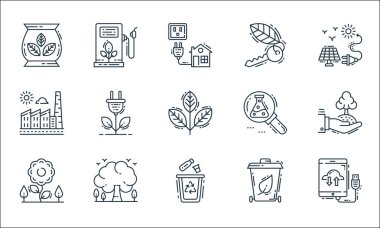 Çevre ve çevre çizgisi simgeleri. Doğrusal küme. Bulut hesaplama, geri dönüşüm, çiçek, geri dönüşüm kutusu, ağaç, fabrika, araştırma, kapı anahtarı, yakıt pompası gibi kalite vektör çizgisi kümesi