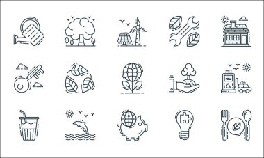 Çevre ve çevre çizgisi simgeleri. Doğrusal küme. Eko gıda, domuz kumbarası, içecek, çözüm, yunus, anahtar, ekoloji, onarım araçları, ağaç gibi kalite vektör çizgisi kümesi