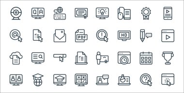 çevrimiçi öğrenme satırı simgeleri. Doğrusal küme. İmleç, kimya, matematik, video çağrısı, takvim, arama çubuğu, yayın, bilgi, sınav gibi kalite vektör dizileri