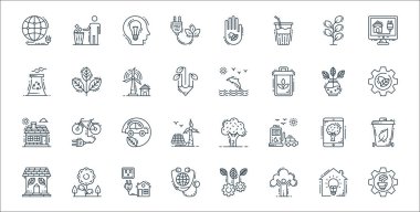 Çevre ve çevre çizgisi simgeleri. Doğrusal küme. Güç, ekolojik, toprak, ev, duvar kağıdı, eko araba, sürdürülebilirlik, yunus, bitki gibi kalite vektör çizgisi kümesi