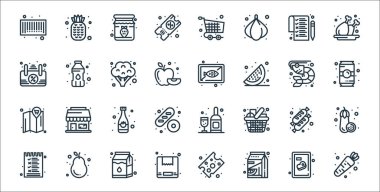 Market çizgisi simgeleri. Doğrusal küme. Havuç, portakal suyu, teslimat kutusu, liste, sosisli sandviç, içki şişesi, içki, balık, su şişesi gibi kalite vektör dizileri