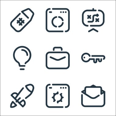 seo line simgeleri. Doğrusal küme. Posta, web optimizasyonu, roket, anahtar sözcük, evrak çantası, fikir, strateji, analitik gibi kalite vektör dizileri