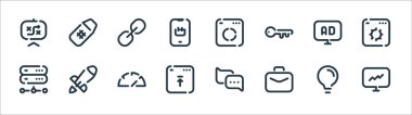 seo line simgeleri. Doğrusal küme. İstatistik, evrak çantası, upload, sunucu, reklamcılık, link, analitik, hastag gibi kalite vektör satırı