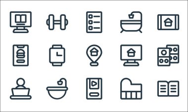 Ev çizgisi simgelerinde kalın. Doğrusal küme. Kitap, müzik çalar, iş, klavye, çamaşır, yemek teslimatı, bilgisayar, banyo, dambıl gibi kalite vektör dizileri