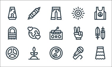 Hippi çizgisi simgeleri. Doğrusal küme. Etek, ying yang, barış, mikrofon, bitki, el çantası, barış, güneş, bilezik gibi kalite vektör çizgisi