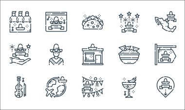 Cinco de mayonez çizgisi simgeleri. Doğrusal küme. Meksika, çelenk, keman, kokteyl, seyahat, cinco de mayonez, nachos, cinco de mayonez, web sitesi gibi kalite vektör dizileri