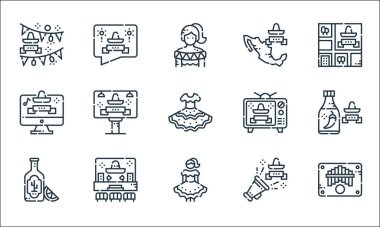 Cinco de mayonez çizgisi simgeleri. Doğrusal küme. Marimbol, Meksikalı kadın, tekila, cinco de mayonez, cinco de mayonez, web sitesi, Meksika gibi kalite vektör dizileri,