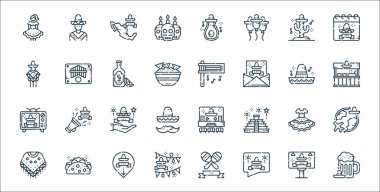 Cinco de mayonez çizgisi simgeleri. Doğrusal küme. Bira, cinco de mayonez, çelenk, panço, Meksika, cinco de mayo, Meksika, matraca, marimbol gibi kalite vektör dizileri