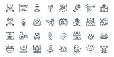 Cinco de mayonez çizgisi simgeleri. Doğrusal küme. Cinco de mayonez, bira, Meksikalı kadın, nachos, avokado, Meksikalı kadın, çelenk, cinco de mayonez, Meksikalı erkek