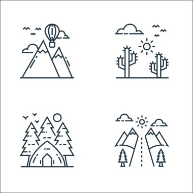 Doğa ve peyzaj çizgisi simgeleri. Doğrusal küme. Yol, kamp, çöl gibi kalite vektör çizgisi