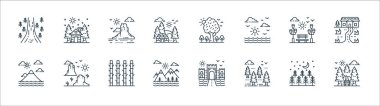 Doğa ve peyzaj çizgisi simgeleri. Doğrusal küme. Bahçe, orman, dağlar, dağ, bahçe, manzara, ağaç, kulübe gibi kalite vektör çizgisi