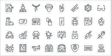 Rock n roll çizgisi simgeleri. Doğrusal küme. Rock yıldızı, gitar penası, boombox, bateri seti, jack, afro, kurukafa, müzik uygulaması, konser bileti gibi kalite vektör dizileri