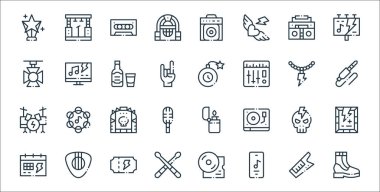 Rock n roll çizgisi simgeleri. Doğrusal küme. Çizme, müzik uygulaması, but, takvim, kafatası, deri ceket, kriko, bomba, televizyon programı gibi kalite vektör dizileri