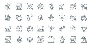 Düz mevsim çizgisi simgeleri. Doğrusal küme. Hasat, şenlik ateşi, gökkuşağı, sonbahar, yağmurlu, akçaağaç yaprağı, seyahat, kardan adam, Noel baba gibi kalite vektör dizileri