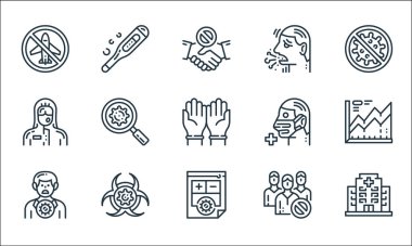 Virüs iletim hattı simgeleri. Doğrusal küme. Hastane, sağlık raporu, enfeksiyon kapmış, kalabalıktan, biyolojik tehlikeden, doktordan, tıbbi maskeden, öksürükten, termometreden uzak dur.