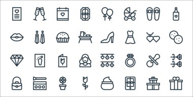 Anneler günü sembolleri. Doğrusal küme. Mevcut, kitap, gül, el çantası, emzik, posta, kurabiye, ayakkabı, küpe gibi kalite vektör dizileri