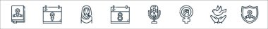 Kadın gündüz çizgisi simgeleri. Doğrusal küme. Koruma, özgürlük, feminizm, mikrofon, takvim, kadın, takvim gibi kalite vektör çizgisi