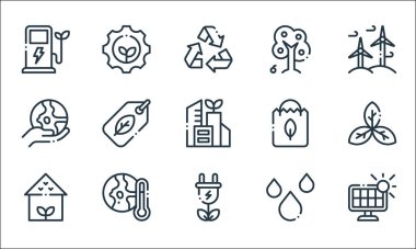 Ekoloji çizgisi simgeleri. Doğrusal küme. Güneş paneli, enerji, ev, su, küresel ısınma gibi kalite vektör çizgisi seti, gezegeni, kağıt torbaları, ağacı, sürdürülebilir enerjiyi koru