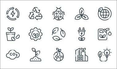 Ekoloji çizgisi simgeleri. Doğrusal küme. Güç, ekoloji, co, şehir, bitki, tohum, enerji, geri dönüşüm gibi kalite vektör çizgisi