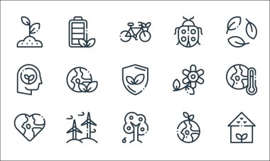 Ekoloji çizgisi simgeleri. Doğrusal küme. ev, ağaç, toprak, ekoloji, eolik, düşün, çiçek, uğur böceği, enerji gibi kalite vektör çizgisi