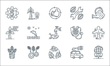 Çevre ve çevre çizgisi simgeleri. Doğrusal küme. Ekoloji, yaprak, saksı, elektrikli araba, ekoloji, rüzgar enerjisi, toprak, tamir araçları, rüzgar gücü gibi kalite vektör çizgisi kümesi