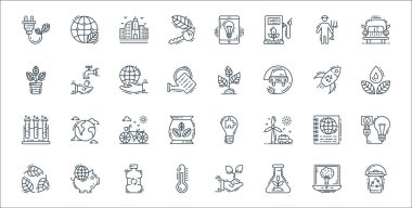 Çevre ve çevre çizgisi simgeleri. Doğrusal küme. Geri dönüşüm, bitkisellik, termometre, yaprak, harita, bisiklet, su, bitki, su tasarrufu gibi kalite vektör çizgisi kümesi
