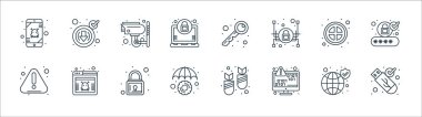 Web güvenlik çizgisi simgeleri. Doğrusal küme. Güvenli usb, veri şifreleme, koruma, uyarı, yasaklama, CCTV kamera, anahtar, indirme gibi kalite vektör dizisi