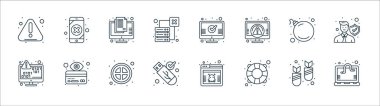 Web güvenlik çizgisi simgeleri. Doğrusal küme. Virüs, cankurtaran, güvenli usb, veri şifreleme, bomba, belge, kontrol işareti, veri güvenliği gibi kalite vektör dizileri