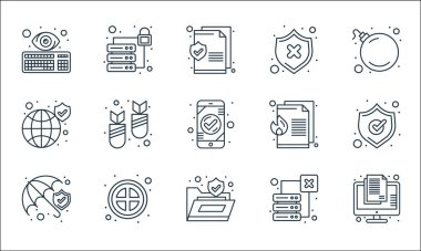 Web güvenlik çizgisi simgeleri. Doğrusal küme. Belge, dosyalar, sigorta, sunucu depolama, yasaklama, belge gibi kalite vektör satırı,