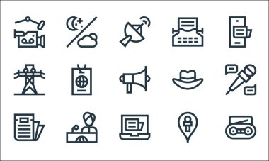 Haber çizgisi simgeleri. Doğrusal küme. Radyo, laptop, gazete, röportaj, muhabir, fötr şapka, daktilo, hava durumu gibi kalite vektör dizileri