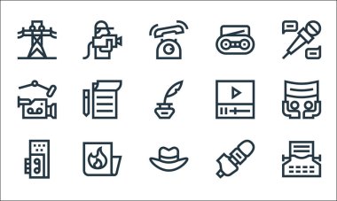 Haber çizgisi simgeleri. Doğrusal küme. Daktilo, fötr şapka, ses kaydedici, mikrofon, sıcak, video kamera, video, radyo, kameraman gibi kalite vektör dizileri