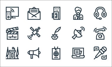 Haber çizgisi simgeleri. Doğrusal küme. Röportaj, kimlik kartı, tribün, dizüstü bilgisayar, propaganda, klapa, uydu anteni, muhabir, mektup gibi kalite vektör dizileri