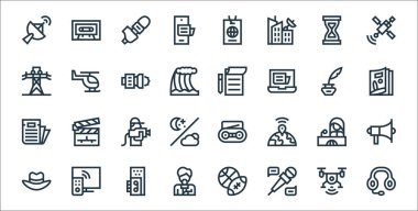 Haber çizgisi simgeleri. Doğrusal küme. Kulaklık, röportaj, muhabir, fötr şapka, haber muhabiri, kameraman, dergi, not defteri, helikopter gibi kalite vektör dizileri