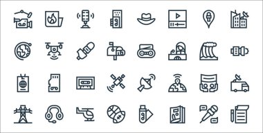 Haber çizgisi simgeleri. Doğrusal küme. Not defteri, dergi, haber, protesto, kaset, kamera, radyo, insansız hava aracı gibi kalite vektör dizileri