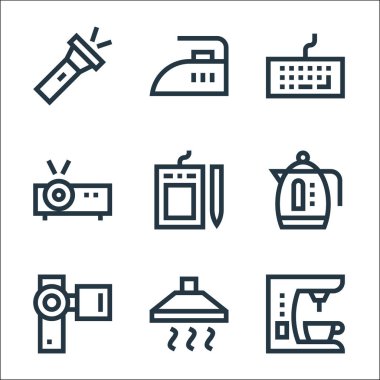 Elektronik hat simgeleri. Doğrusal küme. Kahve makinesi, çıkarıcı, video kamera, çaydanlık, grafik tablet, projektör, klavye, demir gibi kalite vektör dizileri