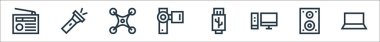 Elektronik hat simgeleri. Doğrusal küme. dizüstü bilgisayar, hoparlör, masaüstü, usb, video kamera, drone, el feneri gibi kalite vektör dizileri