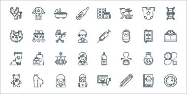 Annelik çizgisi simgeleri. Doğrusal küme. Yumurta, termometre, çalışan anne, ayıcık, sperm, beşik oyuncağı, ölçek, şırınga, bebek bakıcısı gibi kalite vektör dizileri