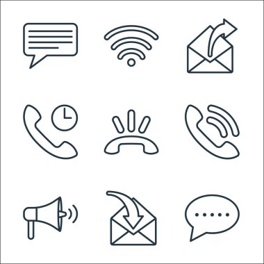 iletişim hattı simgeleri. Doğrusal küme. Baloncuk sohbeti, posta, hoparlör, iletişim, telefon görüşmesi, iletişim, posta, wi fi gibi kalite vektör dizileri