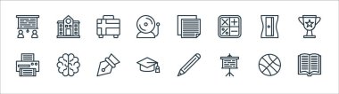 Okul çizgisi simgeleri. Doğrusal küme. Kitap, sunum, derece, yazıcı, keskinleştirici, evrak çantası, notlar, okul gibi kalite vektör dizileri
