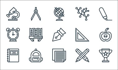 Okul çizgisi simgeleri. Doğrusal küme. Ödül, notlar, ajanda, kalem, sırt çantası, alarm saati, cetvel, kimya, pusula gibi kalite vektör dizileri