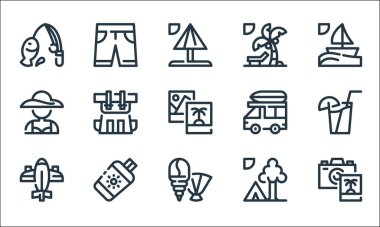 Yaz sezonu simgeleri. Doğrusal küme. Kamera, kabuk, uçak, kamp, güneş kremi, kadın, araba, ada, pantolon gibi kalite vektör çizgisi