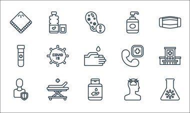Covid çizgi simgeleri. Doğrusal küme. Şişe, el dezenfektanı, kalkan, baş ağrısı, hastane yatağı, kan testi, telefon, el sabunu, su şişesi gibi kalite vektör dizileri