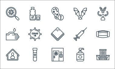 Covid çizgi simgeleri. Doğrusal küme. Hastane, kapı, ev, el sabunu, kan testi, yıkama el, şırınga, yarasa, su şişesi gibi kalite vektör çizgisi